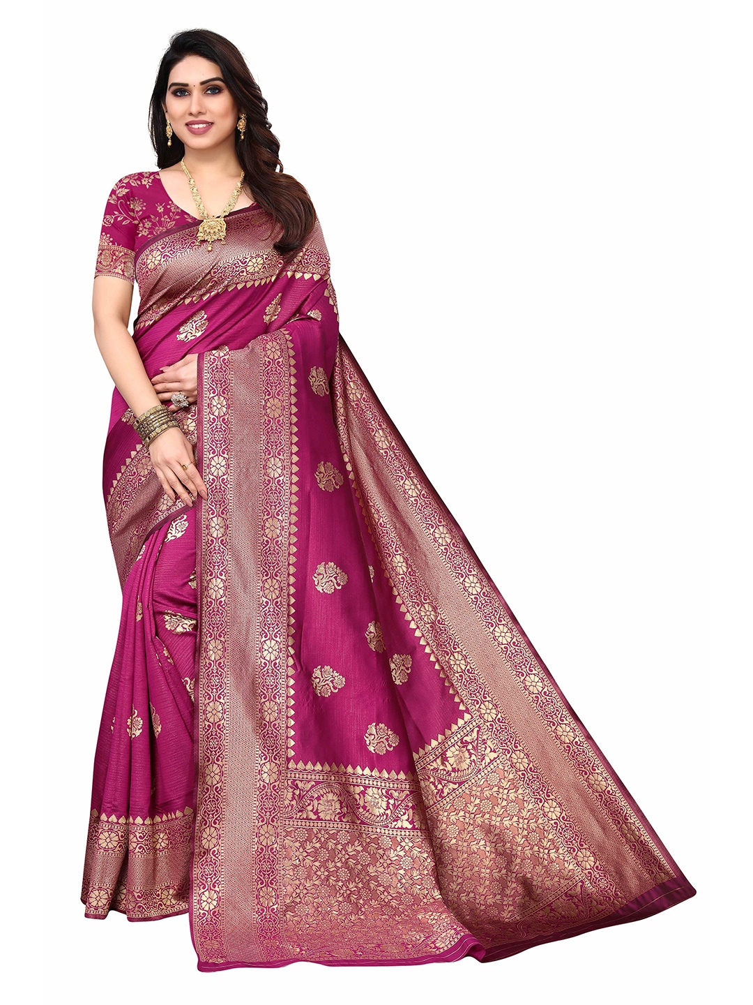 

AADVIKA Pink & Gold-Toned Woven Design Zari Silk Blend Kanjeevaram Saree