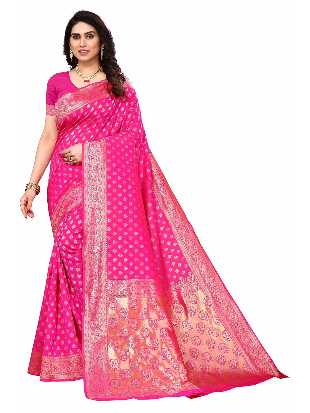 

AADVIKA Woven Design Zari Silk Blend Kanjeevaram Saree, Pink