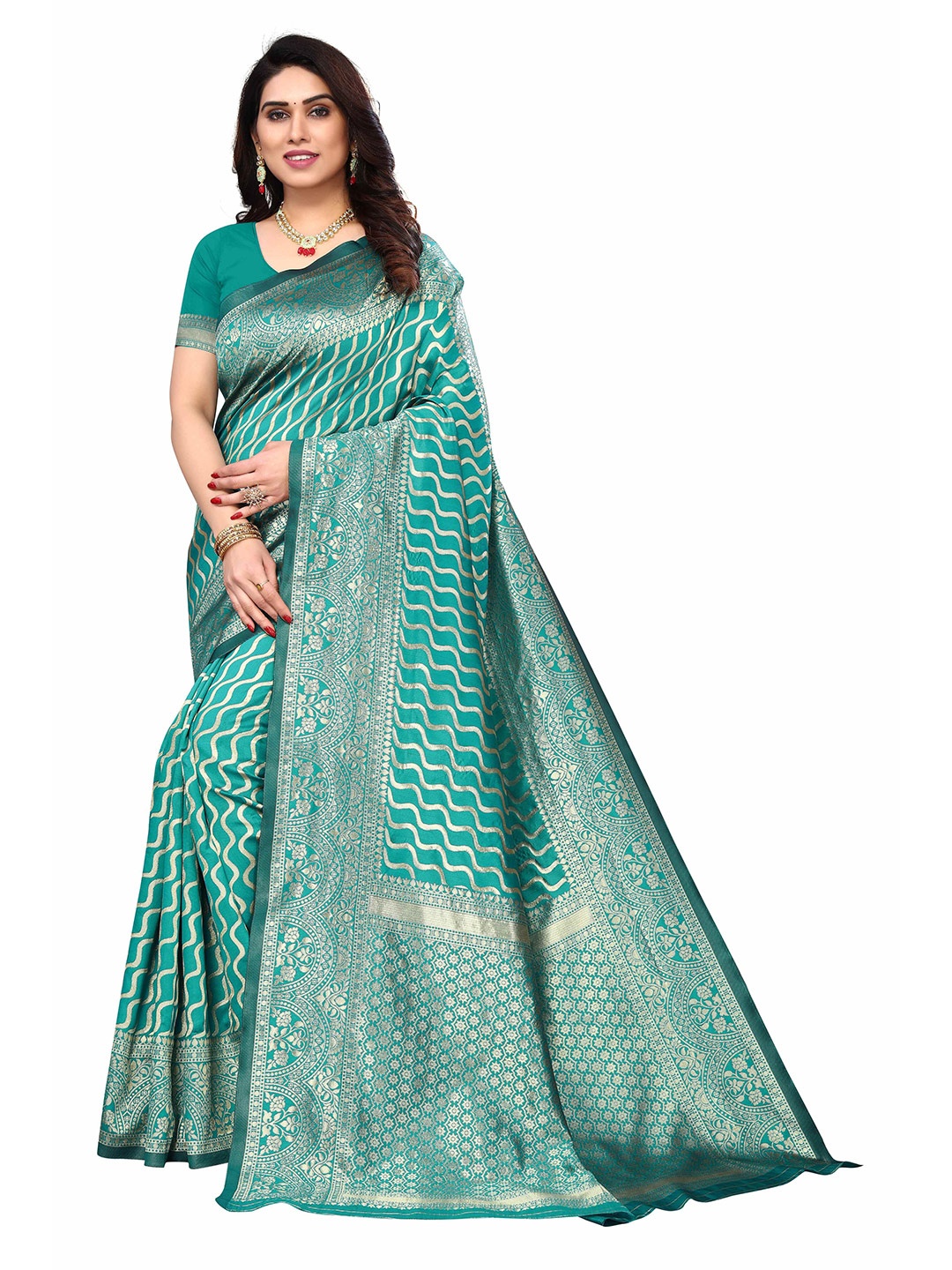 

AADVIKA Woven Design Zari Silk Blend Kanjeevaram Saree, Green