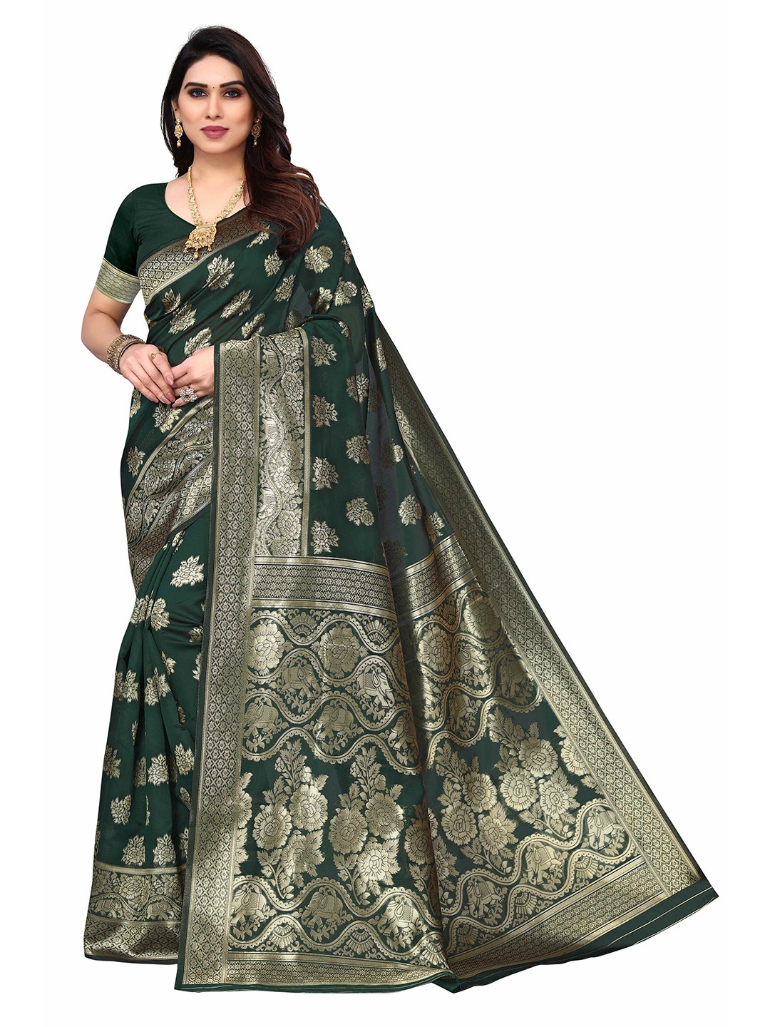 

AADVIKA Woven Design Zari Silk Blend Kanjeevaram Saree, Sea green