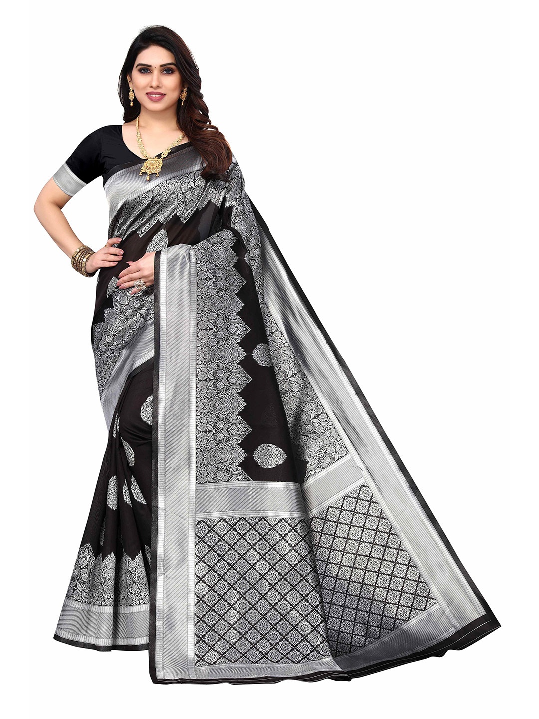 

AADVIKA Woven Design Zari Silk Blend Kanjeevaram Saree, Black