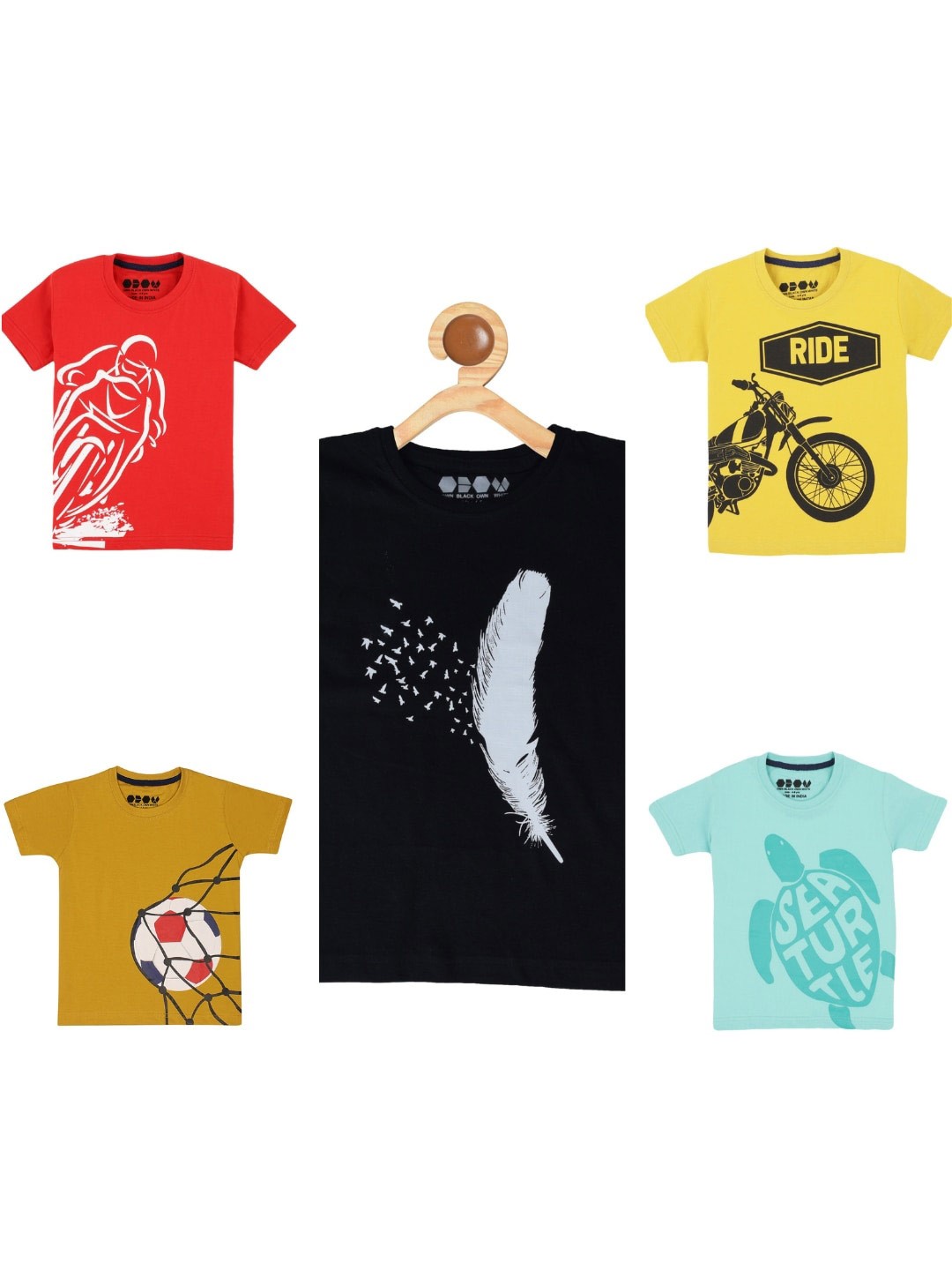 

OBOW Boys Pack of 5 Graphic Printed Bio Finish Pure Cotton T-shirt, Red