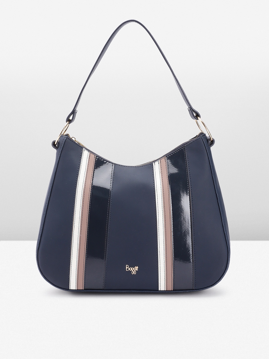 

Baggit Striped Structured Hobo Bag, Navy blue