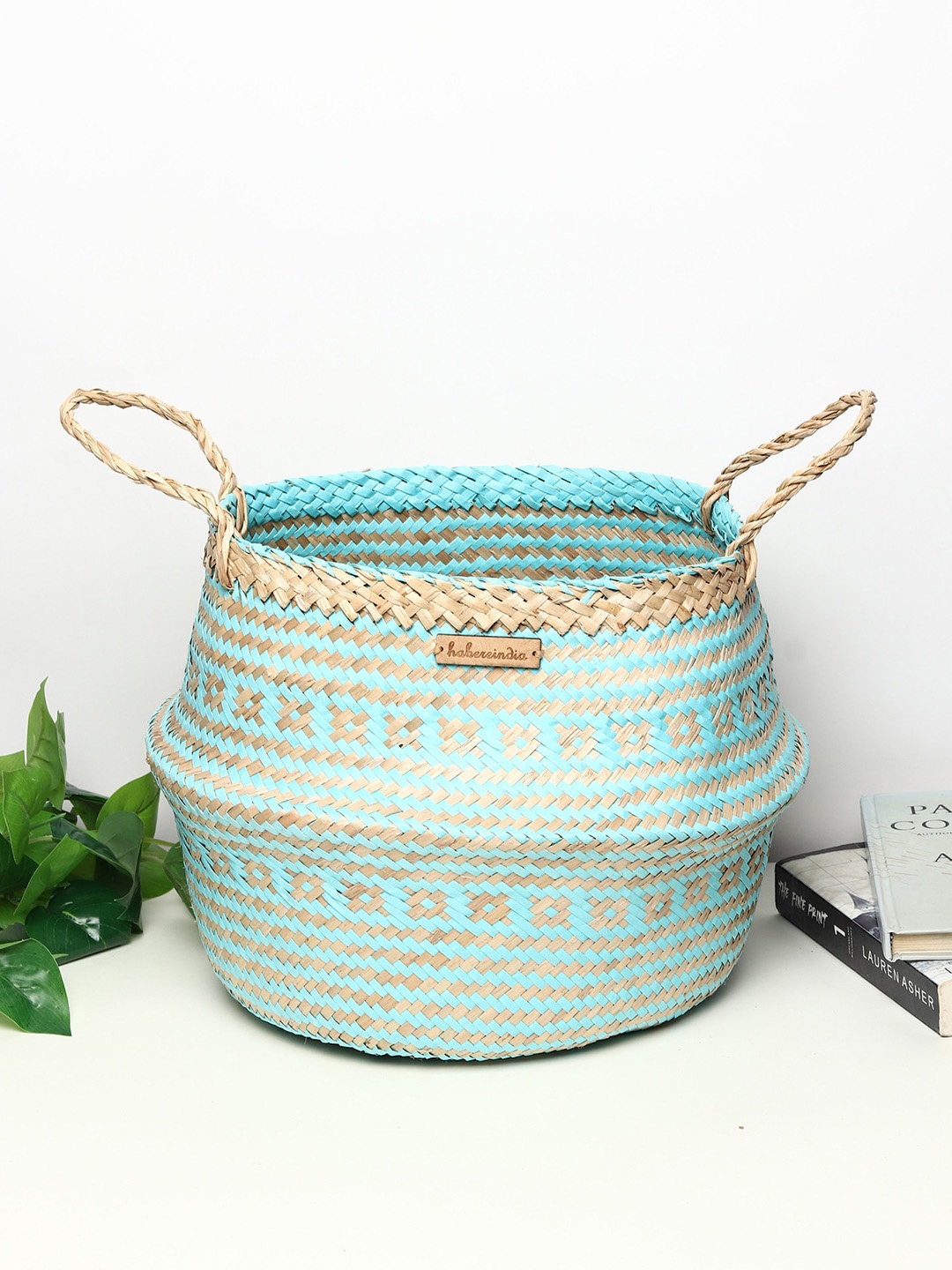

HABERE INDIA Blue & Beige Seagrass Belly Plant Medium Storage Basket