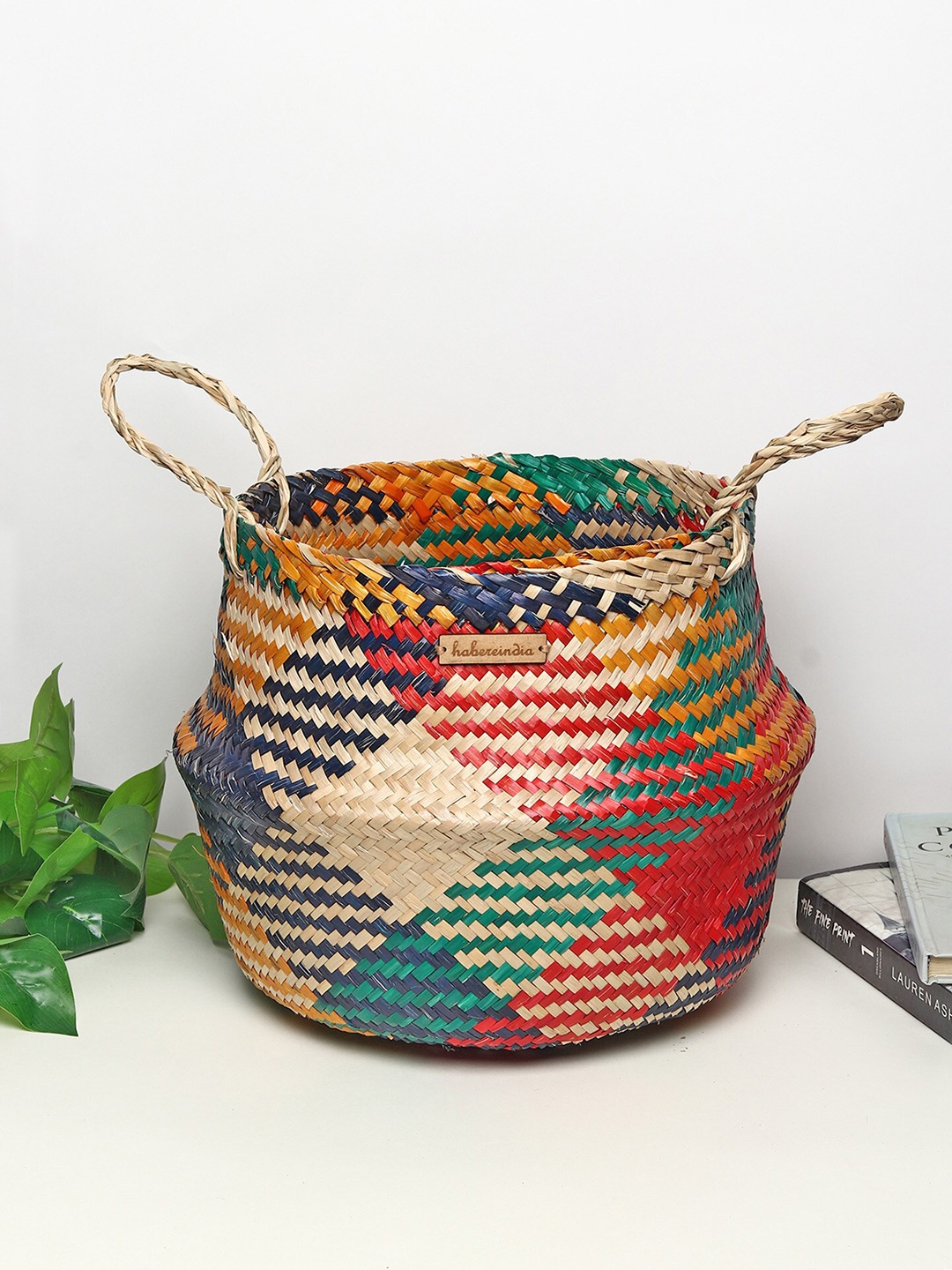 

HABERE INDIA Red & Yellow Seagrass Belly Plant Small Storage Basket