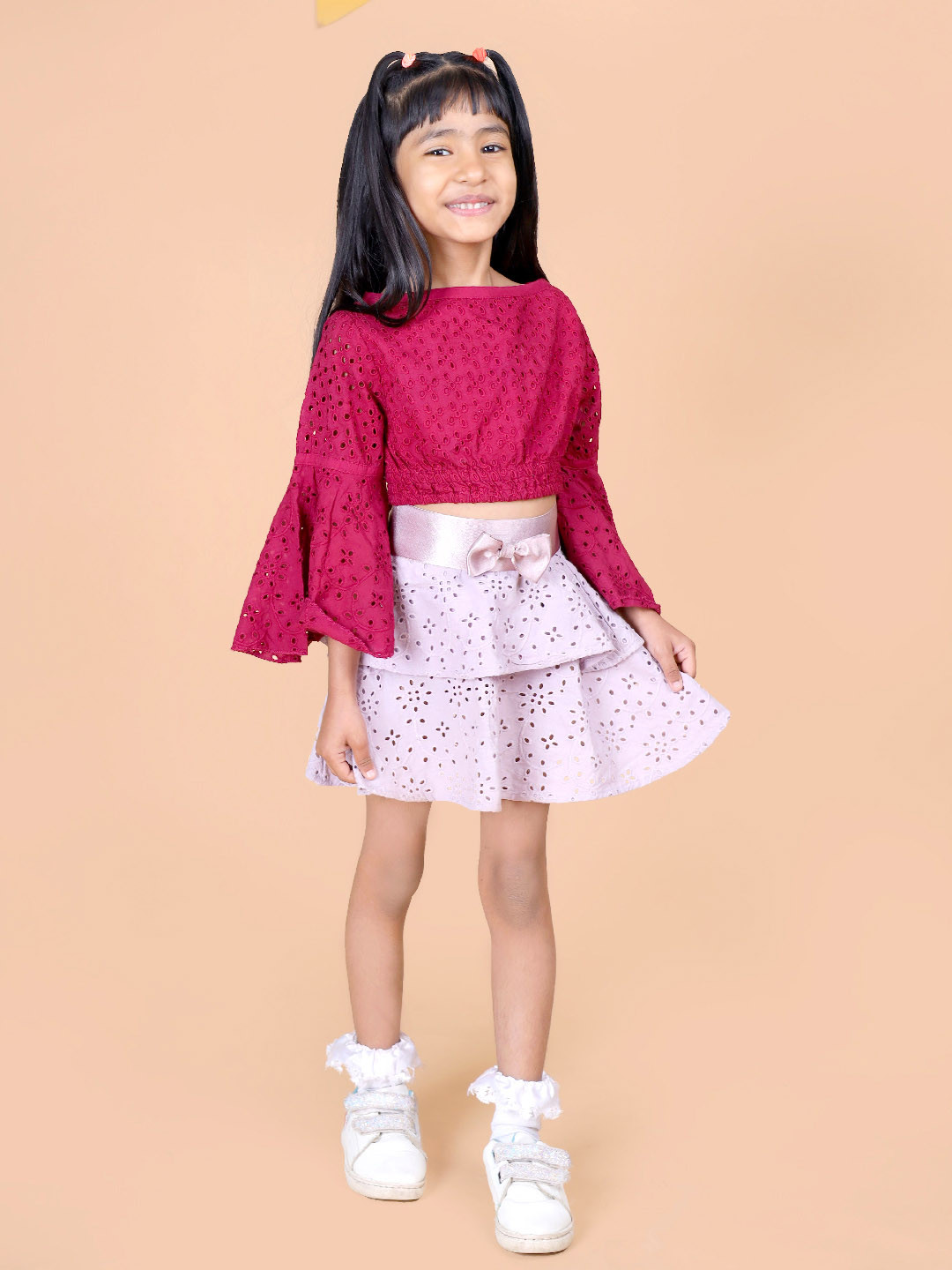 

Beyabella Girls Self Design Bell Sleeves Pure Cotton Crop Top with Skirt, Pink
