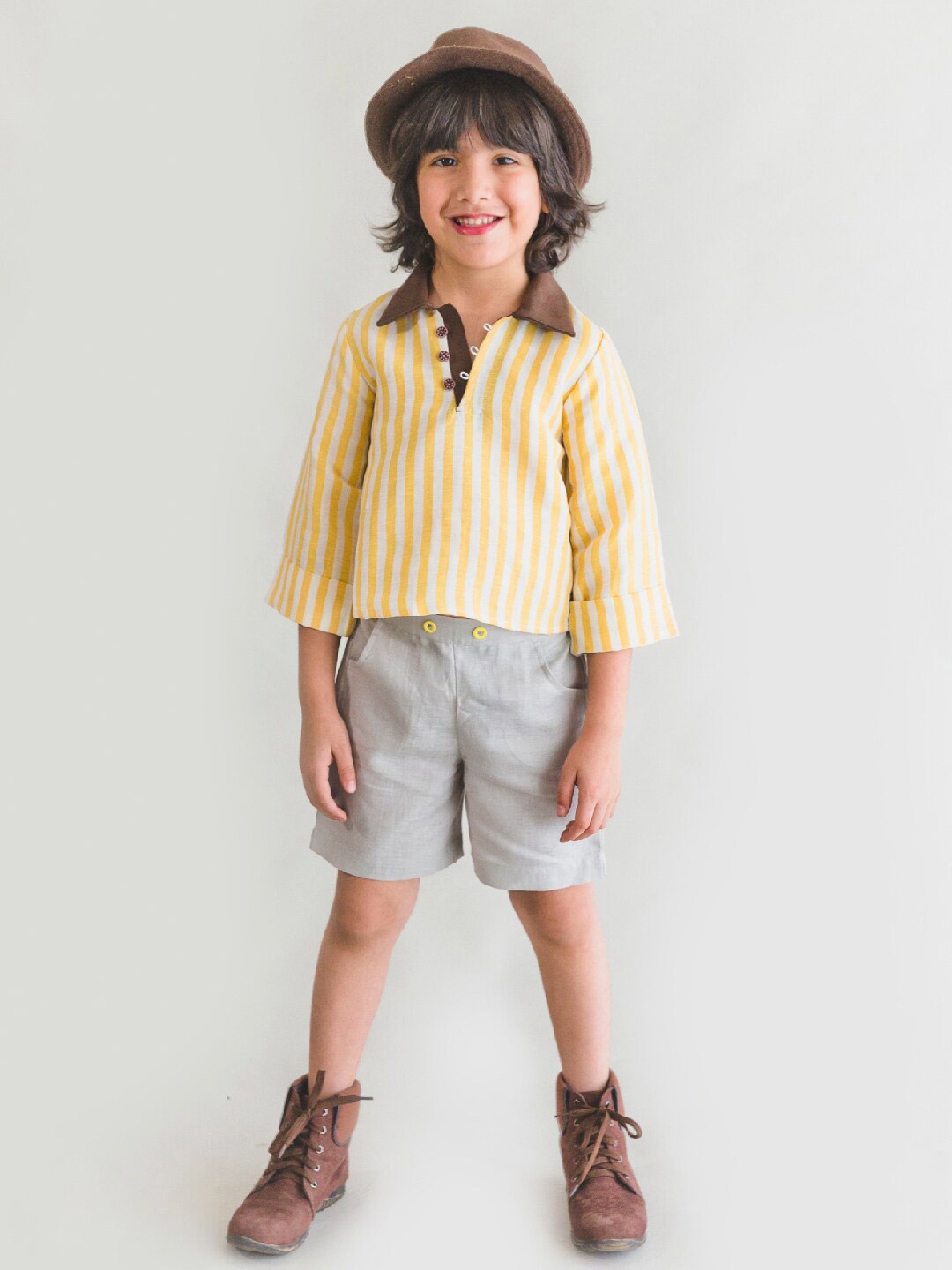 

Beyabella Boys Striped Linen Shirt with Shorts, Yellow
