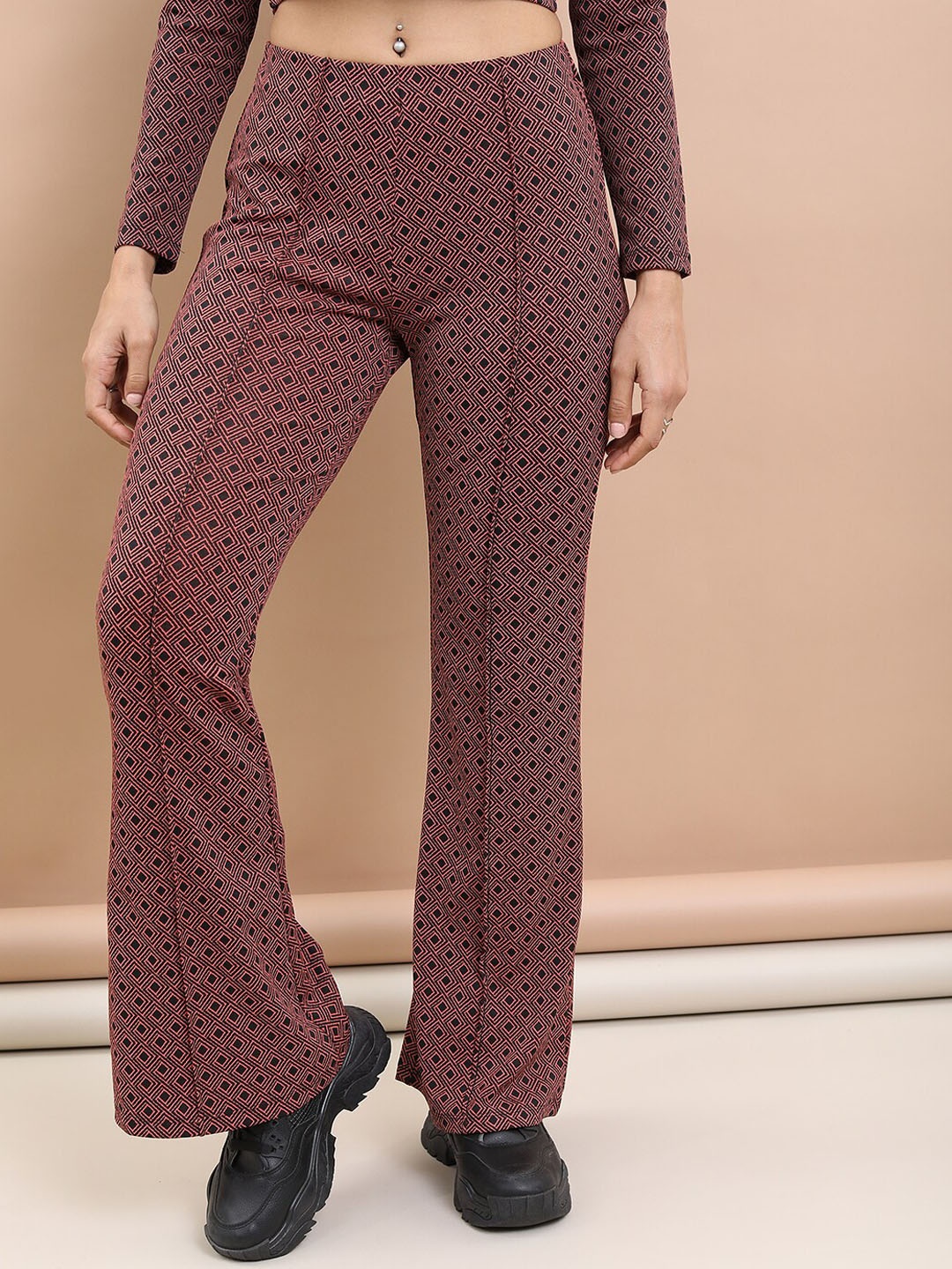 Tokyo Talkies Women Printed Flared Trousers, Coral