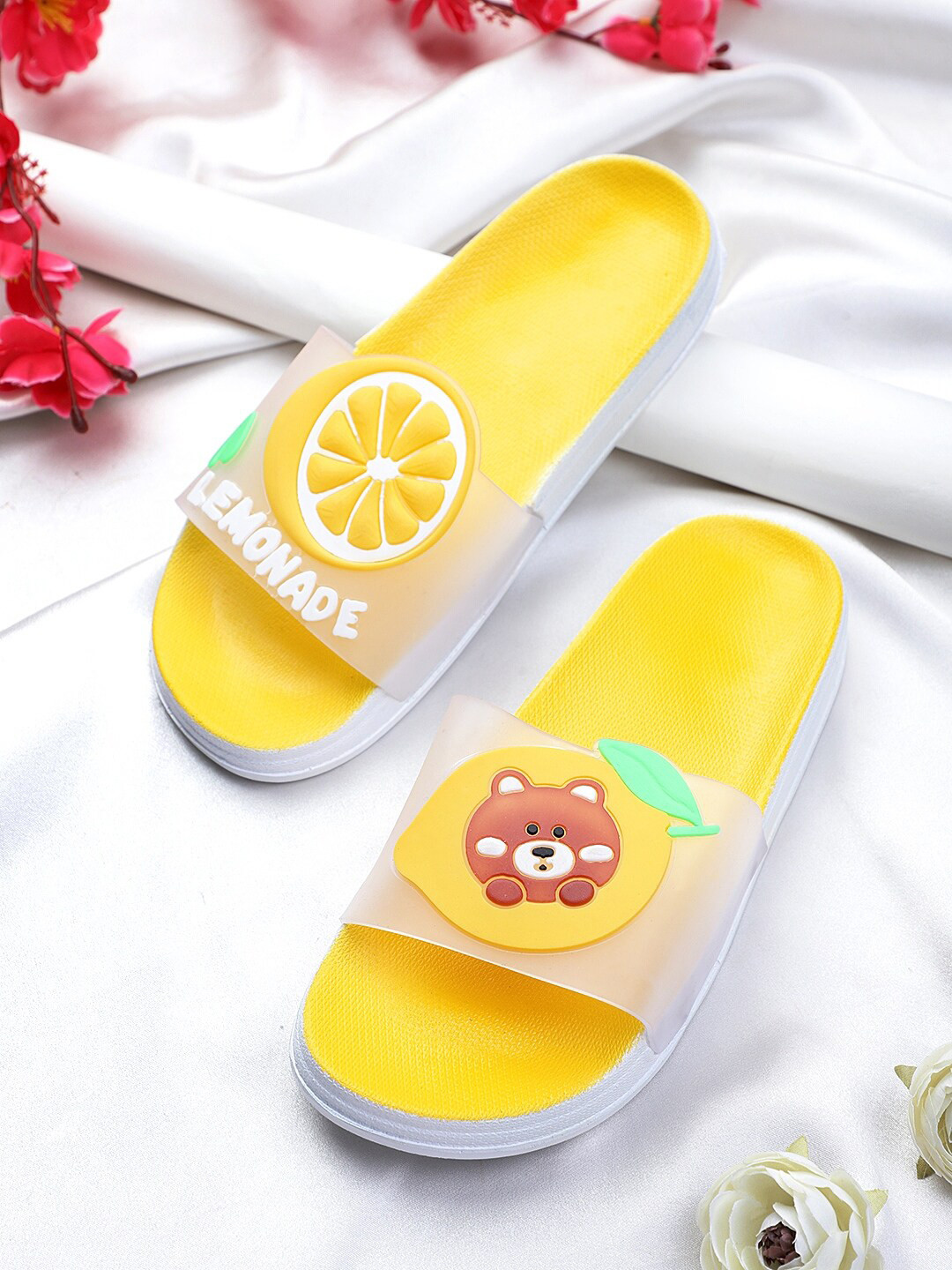 

Pampy Angel Women Self Design Rubber Sliders, Yellow
