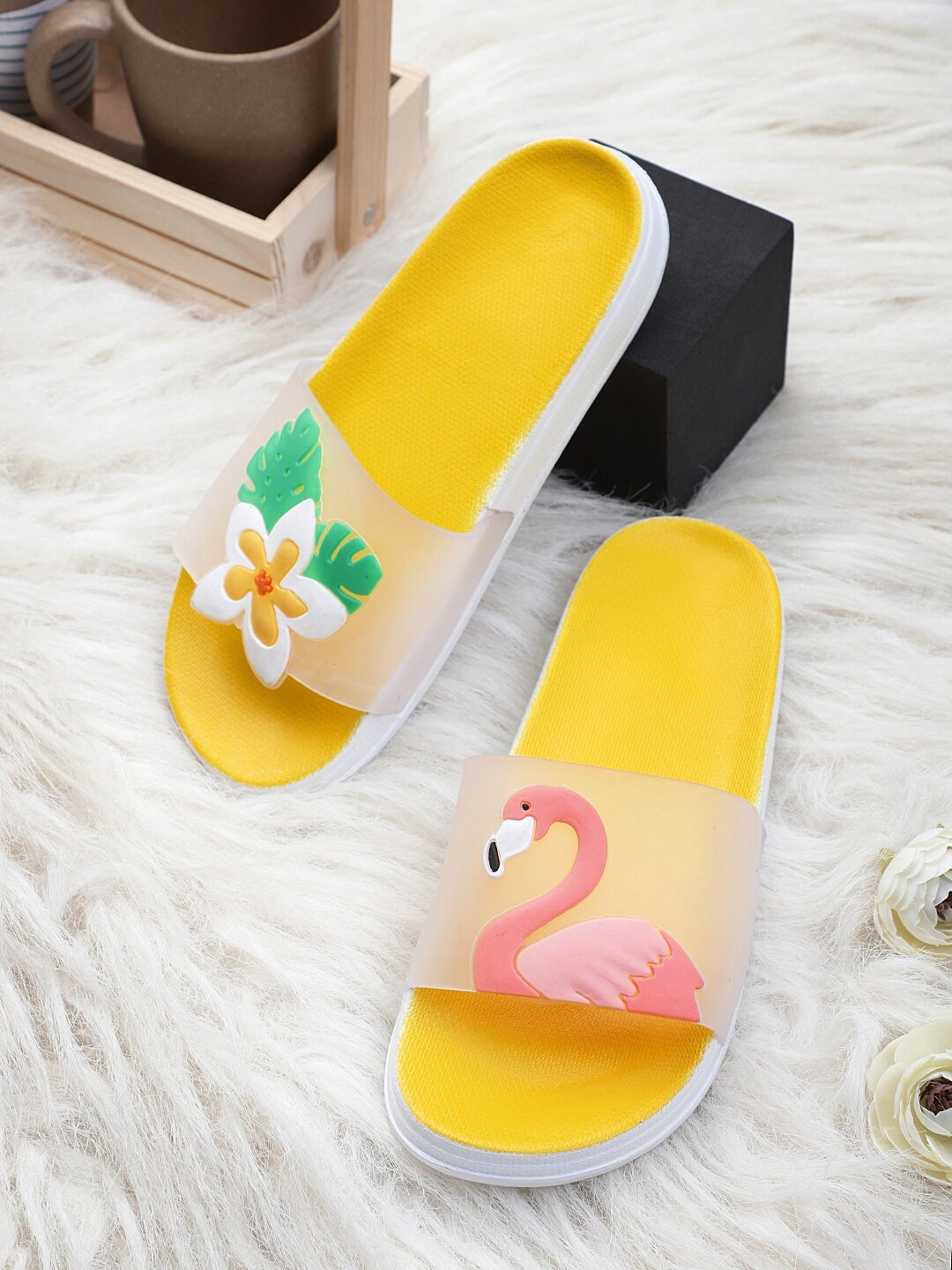 

Pampy Angel Women Self Design Rubber Sliders, Yellow