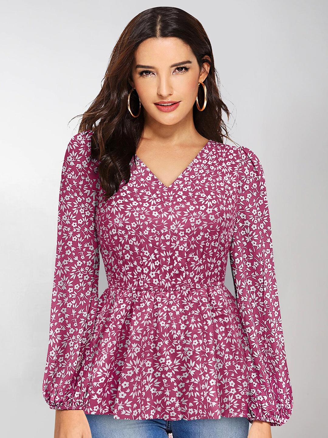 

KERI PERRY Floral Printed Puff Sleeves Peplum Top, Purple