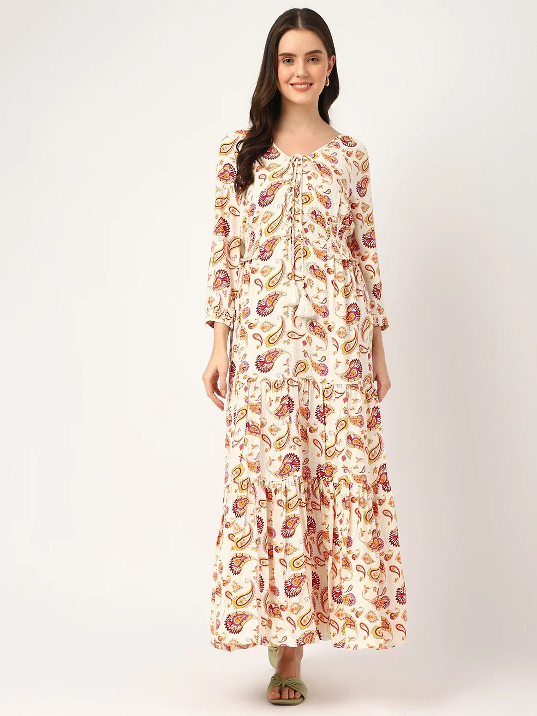 

Marks & Spencer Ethnic Motifs Tie-Up Neck Maxi Dress, Cream