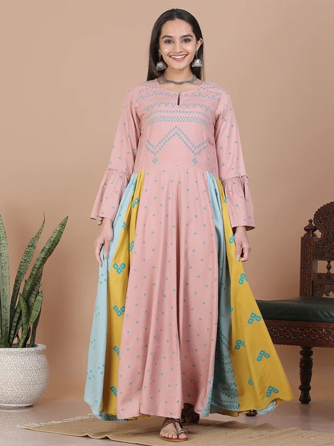 

Rustorange Ethnic Motifs Printed Maxi Rayon Ethnic Dress, Pink