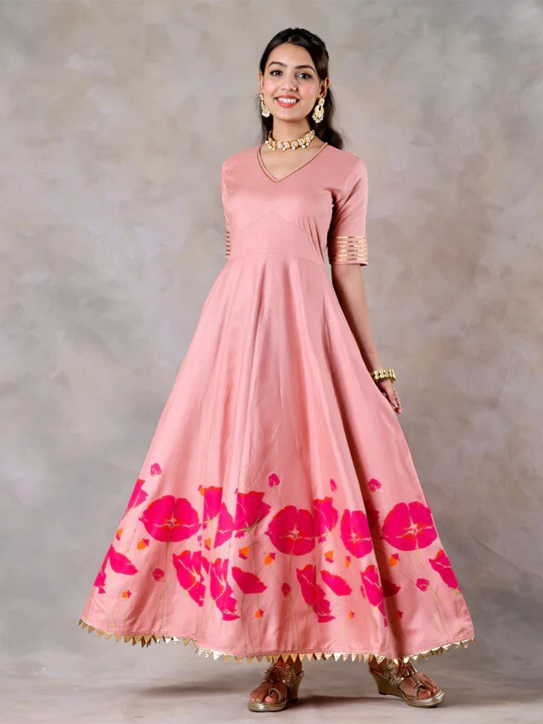 

Rustorange Floral Maxi Pure Rayon Dress, Pink