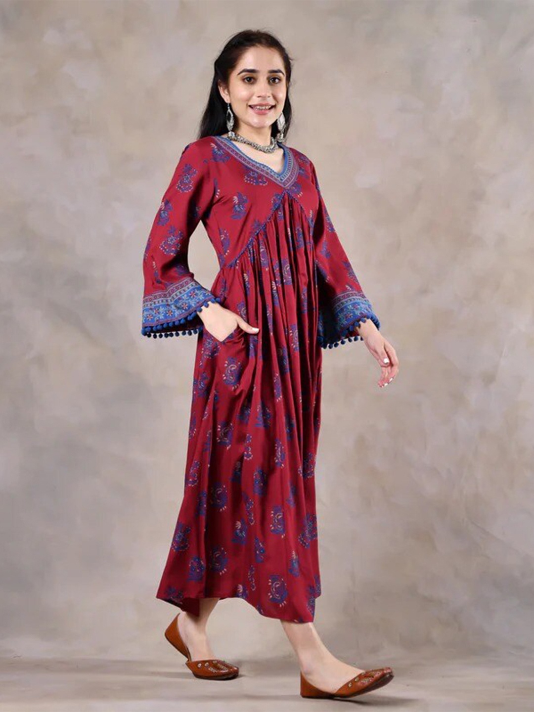 Rustorange Floral Maxi Midi Dress, Maroon