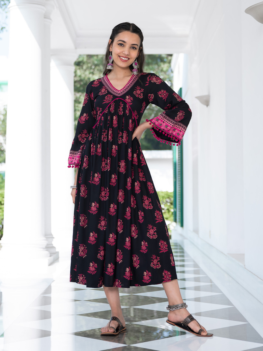 

Rustorange Ethnic Motifs Printed Pure Cotton A-Line Midi Dress, Black