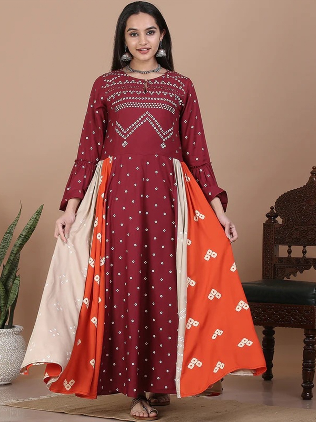 

Rustorange Bandhani Printed Maxi Pure Rayon Fit & Flare Dress, Maroon