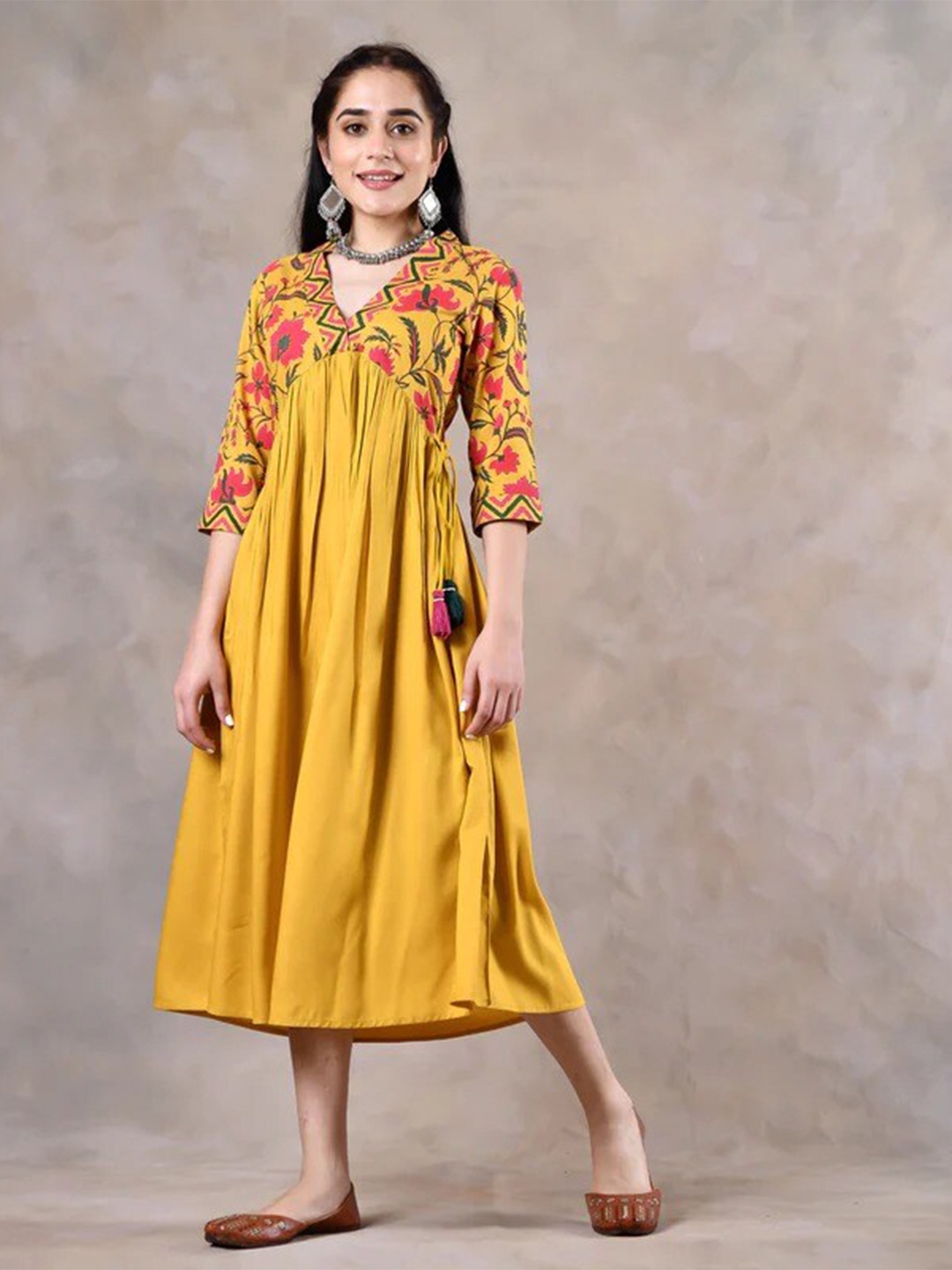 

Rustorange Floral Printed Gathered Pure Cotton A-Line Dress, Mustard