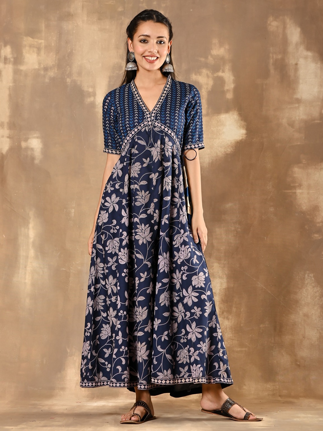 

Rustorange Floral Printed Gathered Pure Cotton A-Line Maxi Dress, Navy blue