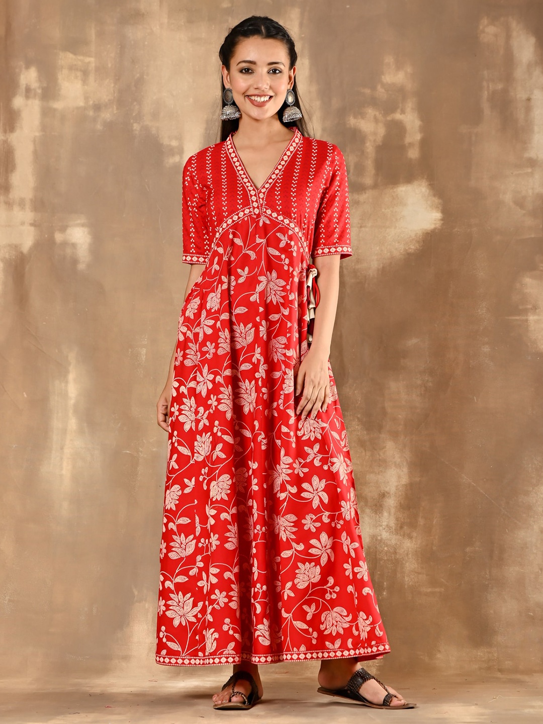 

Rustorange Floral Maxi Cotton Dress, Red