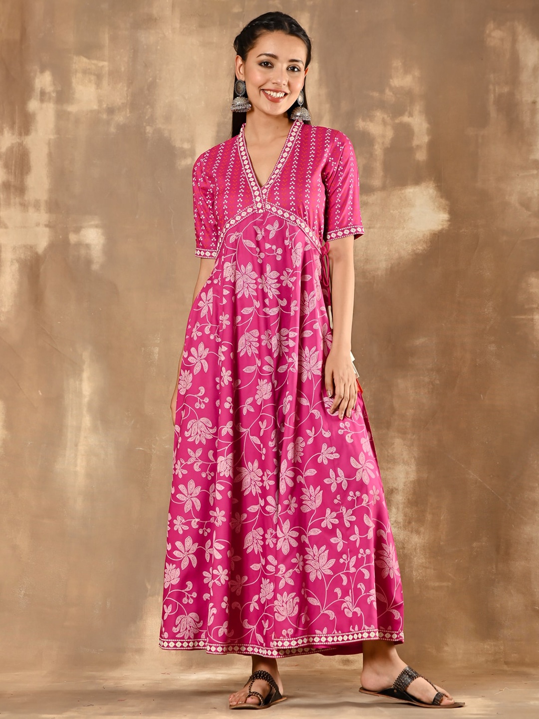 

Rustorange Floral Printed Empire Maxi Pure Rayon Dress, Pink