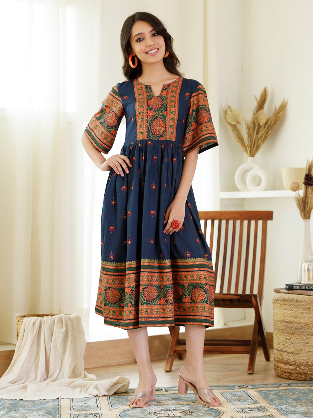 

Rustorange Floral Printed Midi Pure Rayon Dress, Blue
