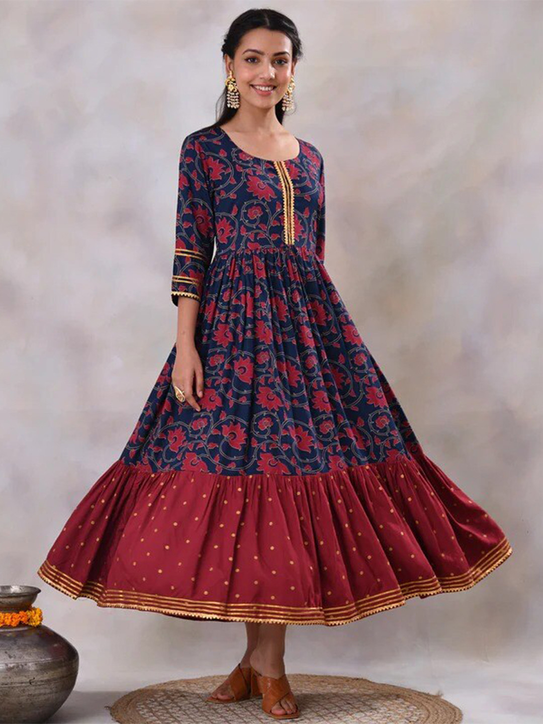 

Rustorange Floral Printed A-Line Midi Cotton Dress, Pink