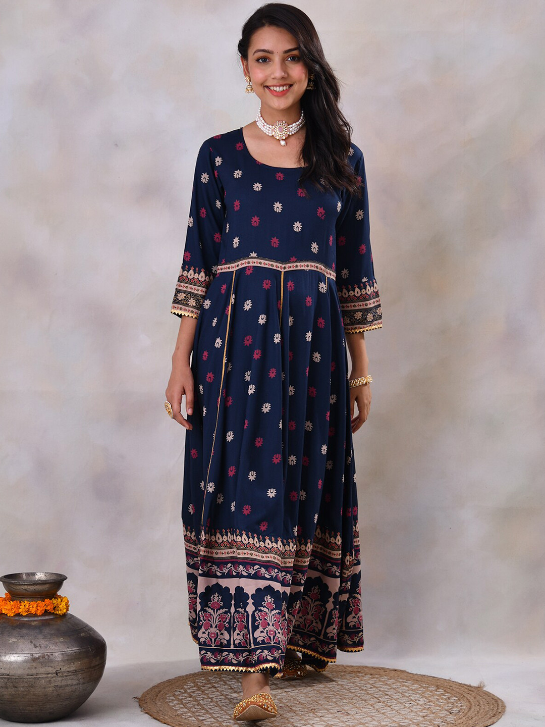 

Rustorange Floral Printed Cotton Maxi Dress, Blue