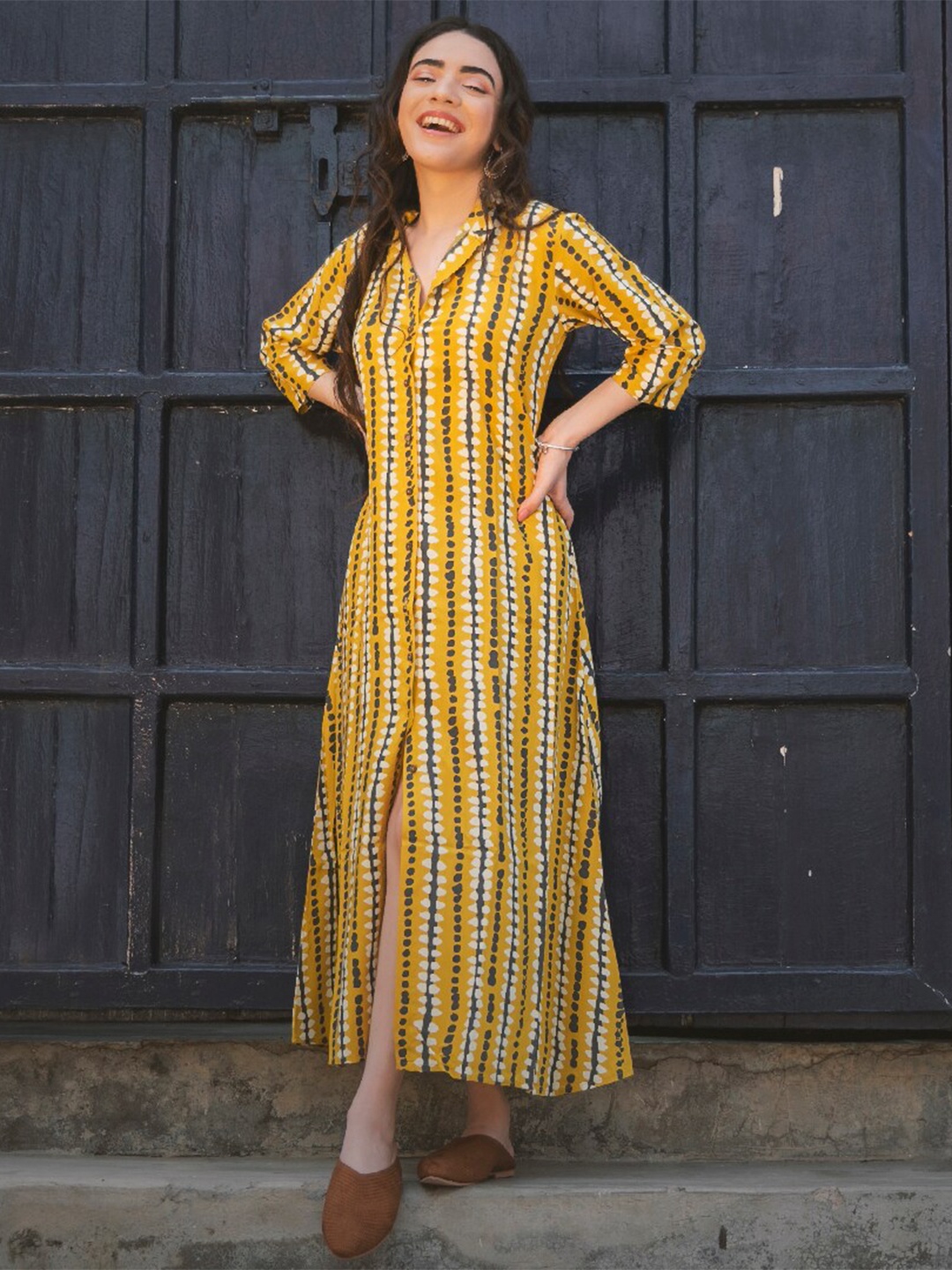 

Rustorange Printed Shirt Maxi Rayon Dress, Yellow