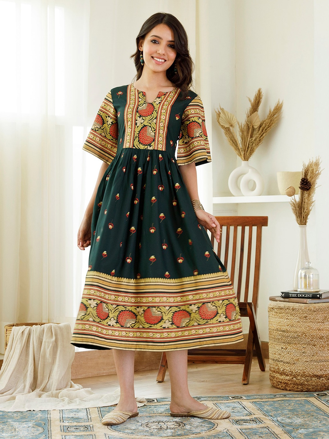 

Rustorange Ethnic Motifs Printed A-Line Midi Rayon Dress, Green