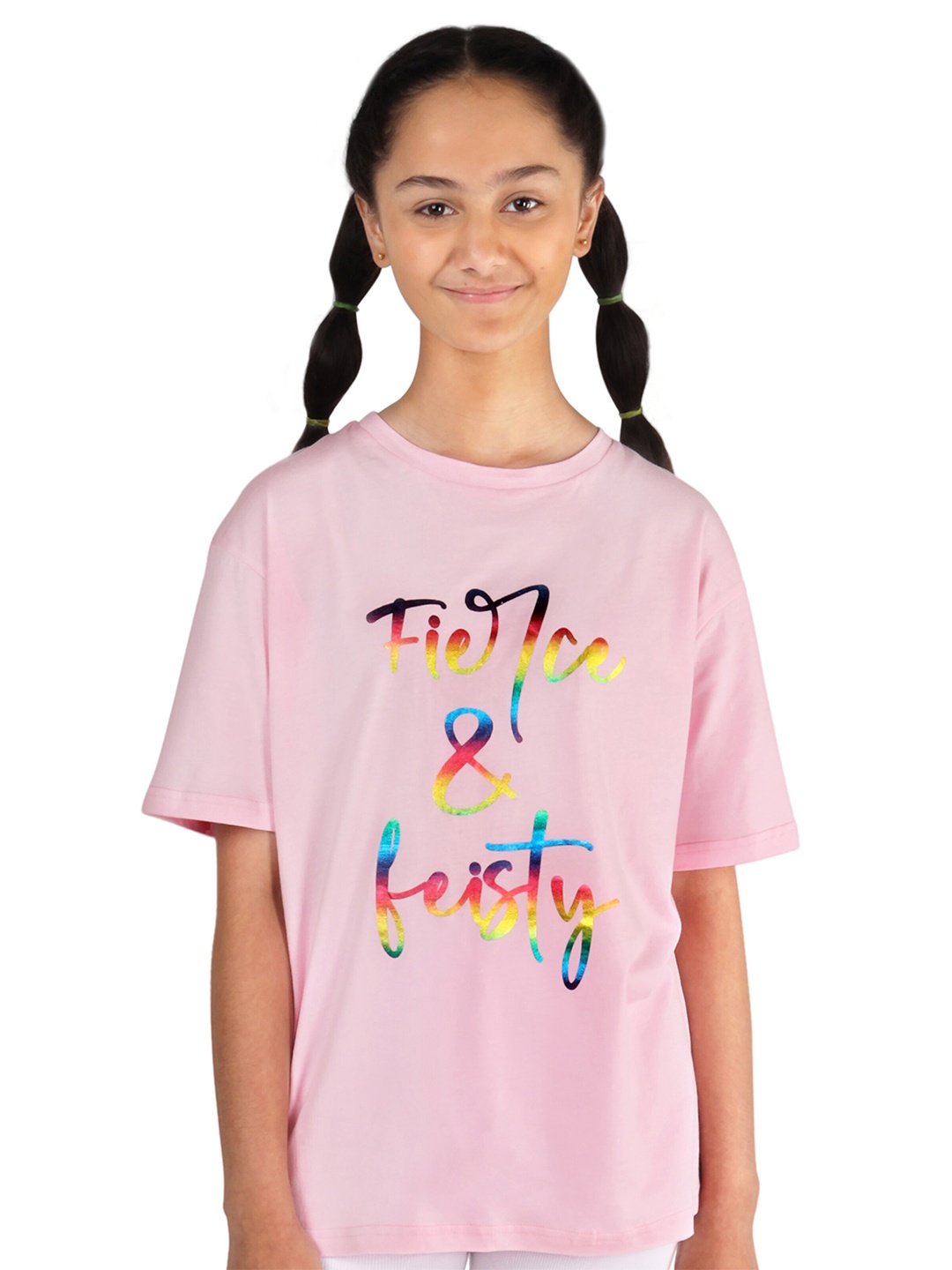 

DChica Girls Typography Printed Drop-Shoulder Sleeves Cotton T-shirt, Pink