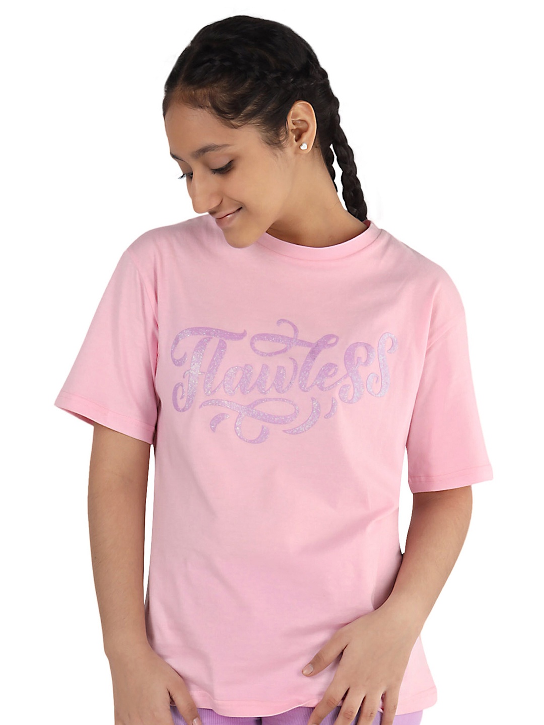 

DChica Girls Drop-Shoulder Sleeves Slim Fit Cotton T-shirt, Pink