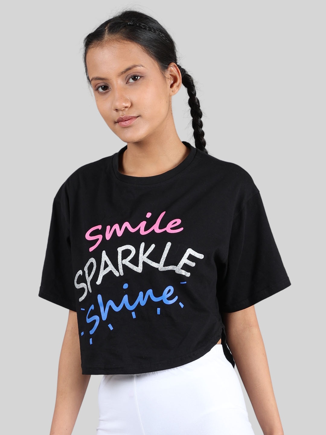 

DChica Girls Typography Printed Loose Fit Cotton T-shirt, Black
