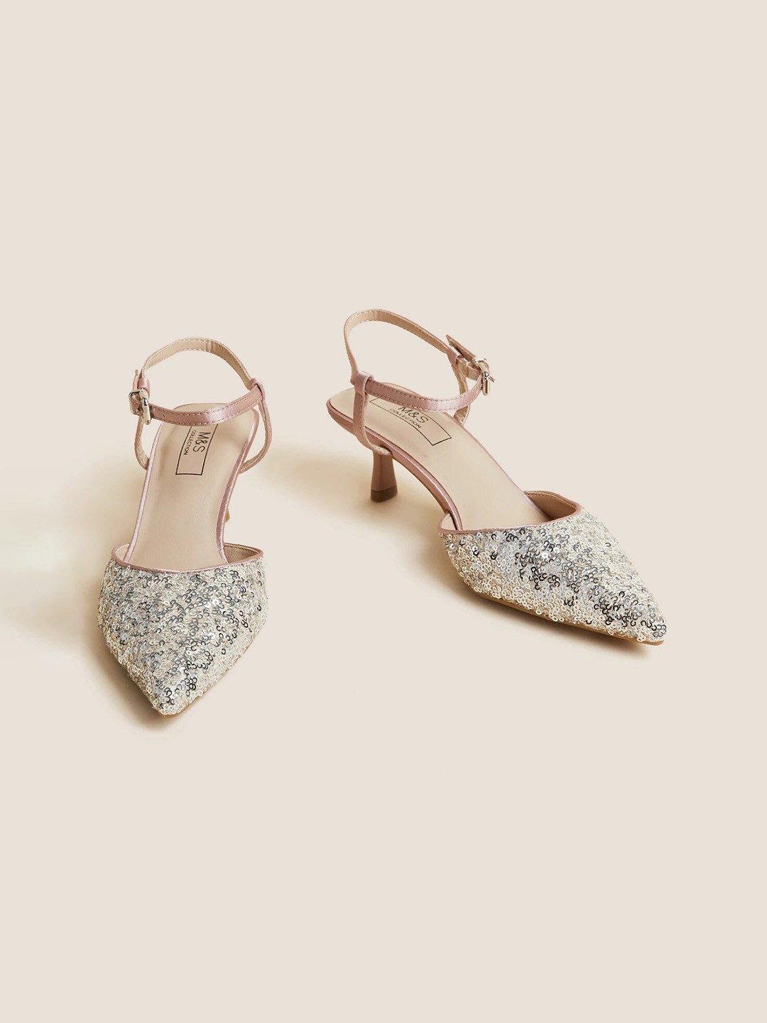 

Marks & Spencer Women Pointed Toe Kitten Pumps, Silver