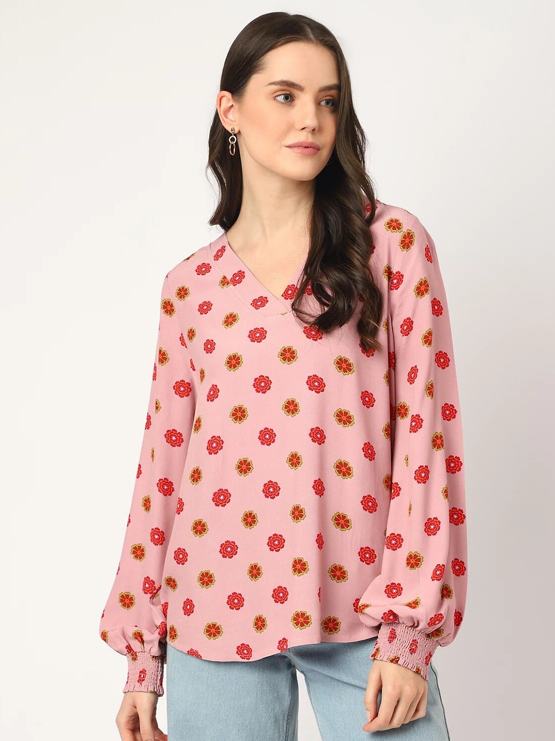 

Marks & Spencer Floral Printed Bishop Sleeves Blouson Top, Pink