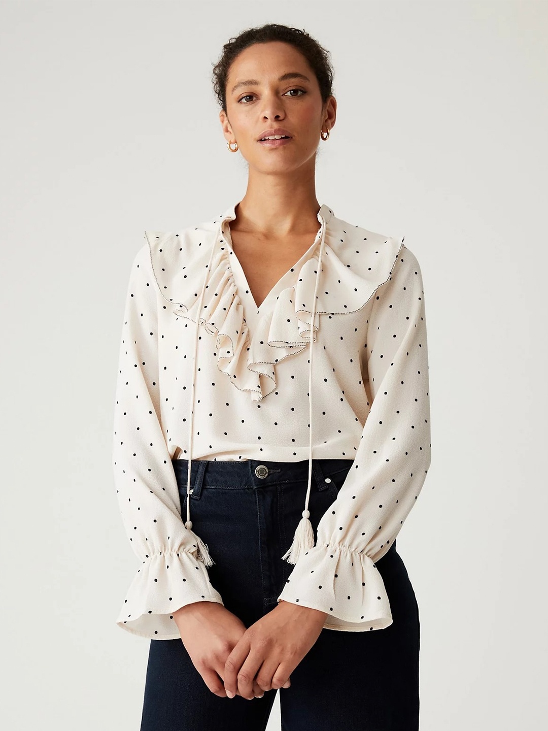 

Marks & Spencer Polka Printed Ruffles Tie-Up Neck Top, Off white
