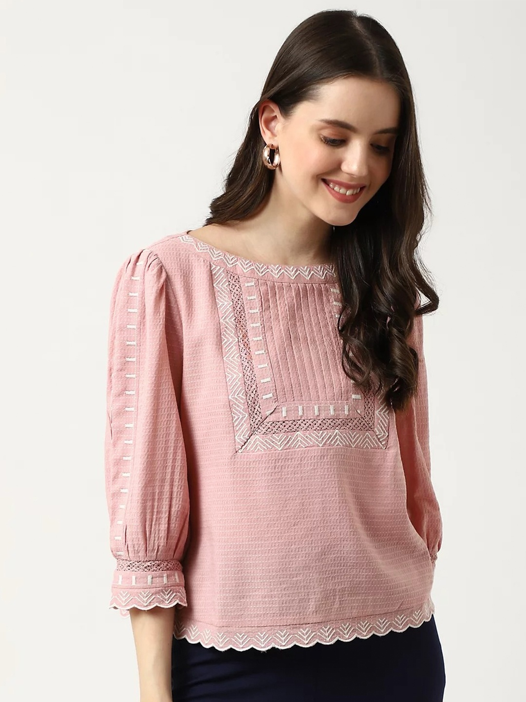 

Marks & Spencer Round Neck Self Design Top, Pink
