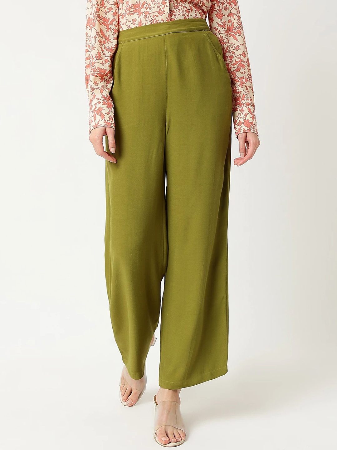 

Marks & Spencer Women Flared High-Rise Trousers, Green