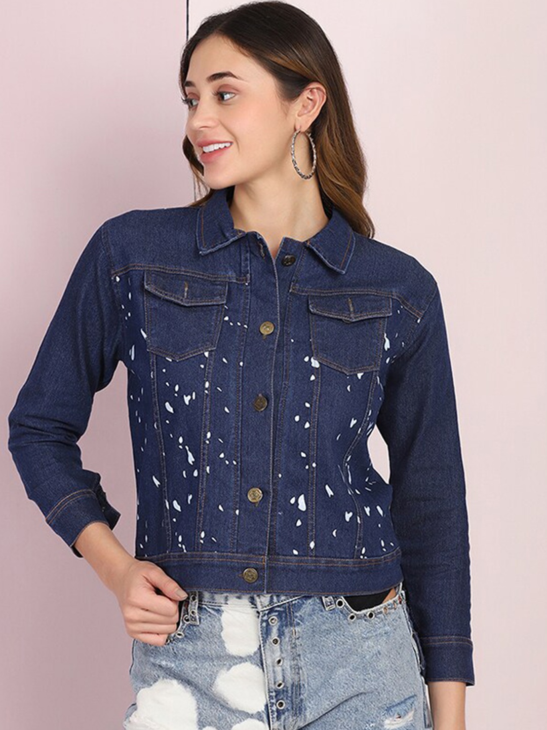

BUY NEW TREND Women Typography Lightweight Crop Cotton Denim Jacket, Blue