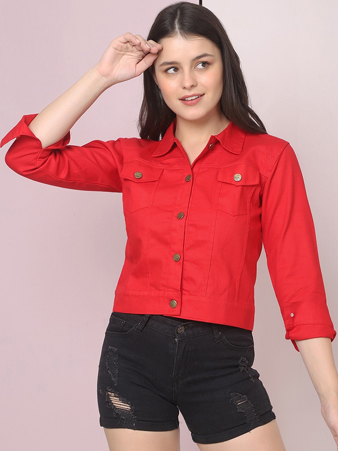 

BUY NEW TREND Women Lightweight Crop Denim Jacket, Red