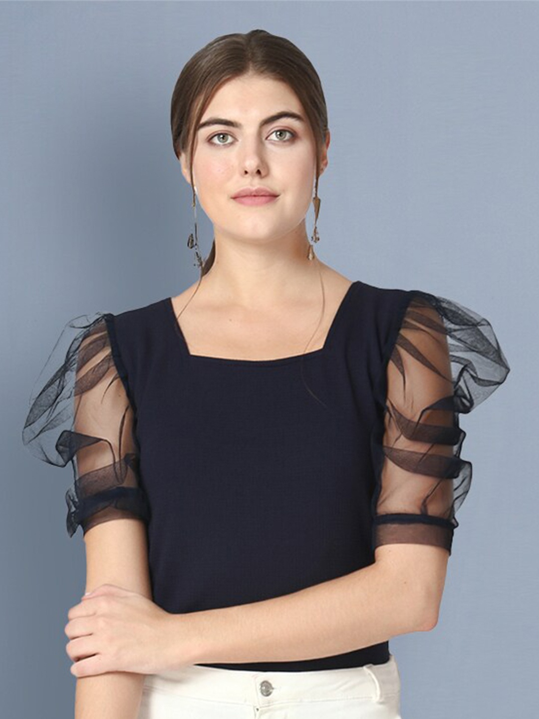 

BUY NEW TREND Puff Sleeves Lace Top, Navy blue