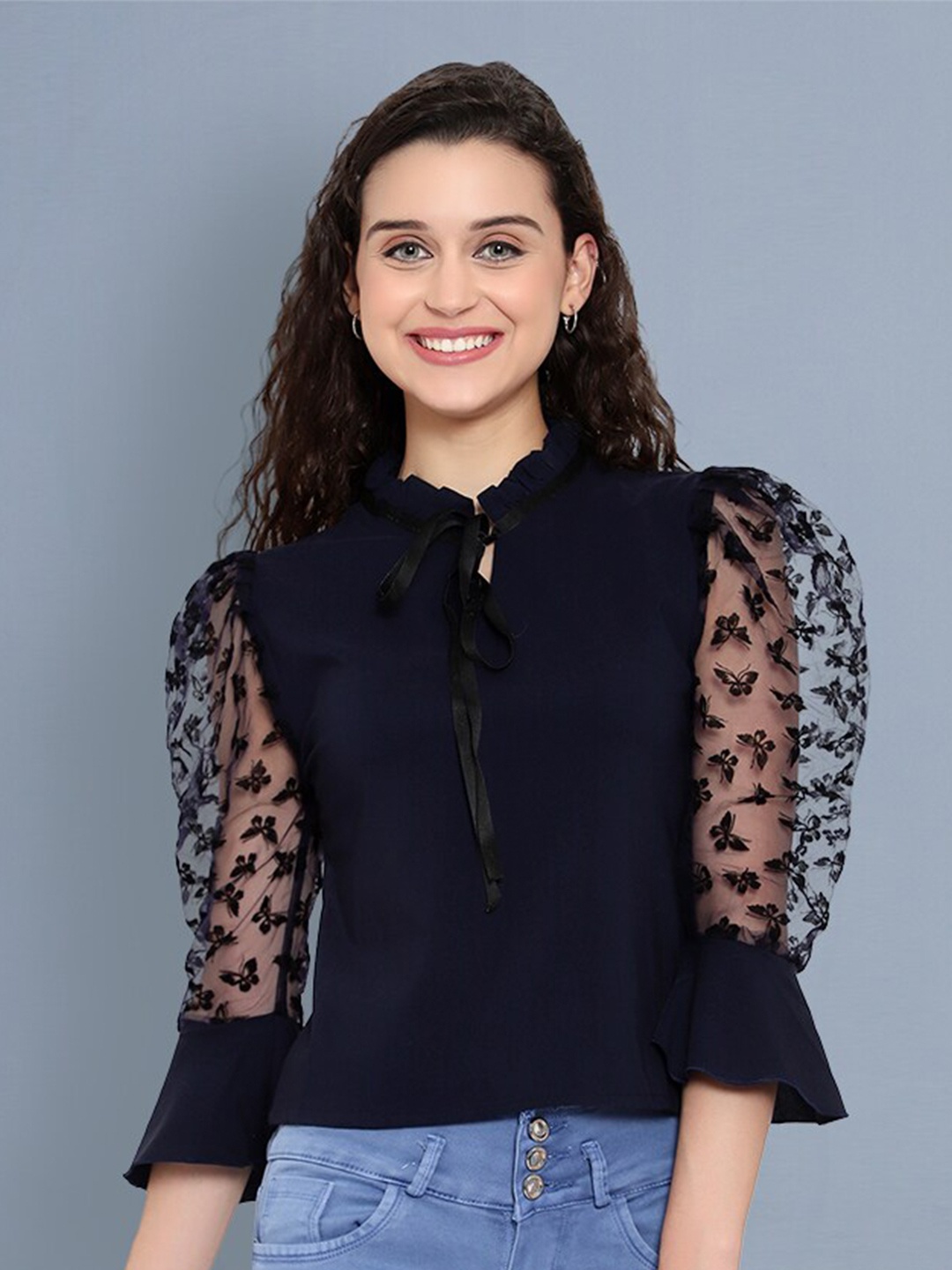 

BUY NEW TREND Tie-Up Neck Bell Sleeves Lace Top, Navy blue