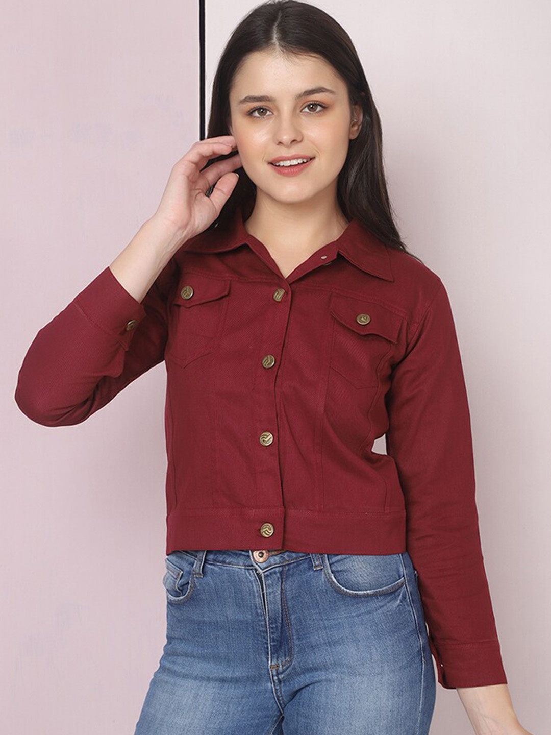 

BUY NEW TREND Women Lightweight Crop Denim Jacket, Maroon