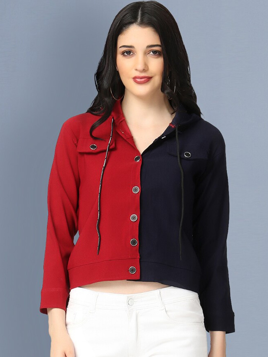 

BUY NEW TREND Women Colourblocked Lightweight Crop Hooded Denim Jacket, Red