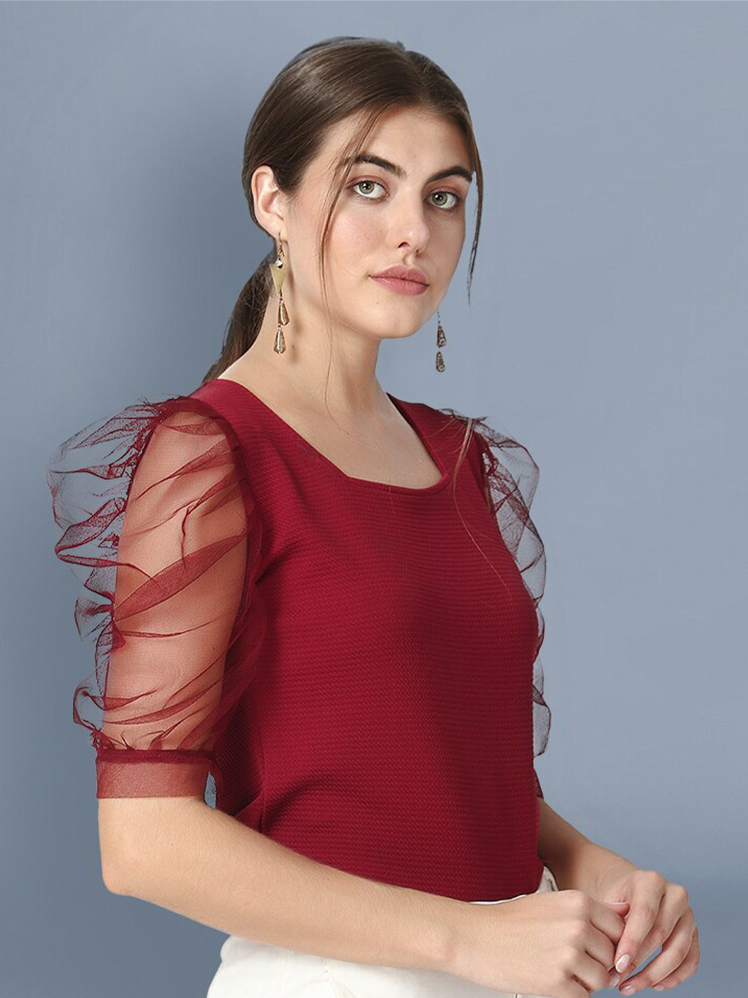 

BUY NEW TREND Square Neck Lace Top, Maroon