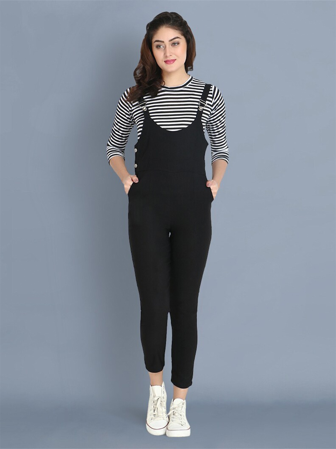 

BUY NEW TREND Women Striped Cotton T-shirt With Dungarees, Black