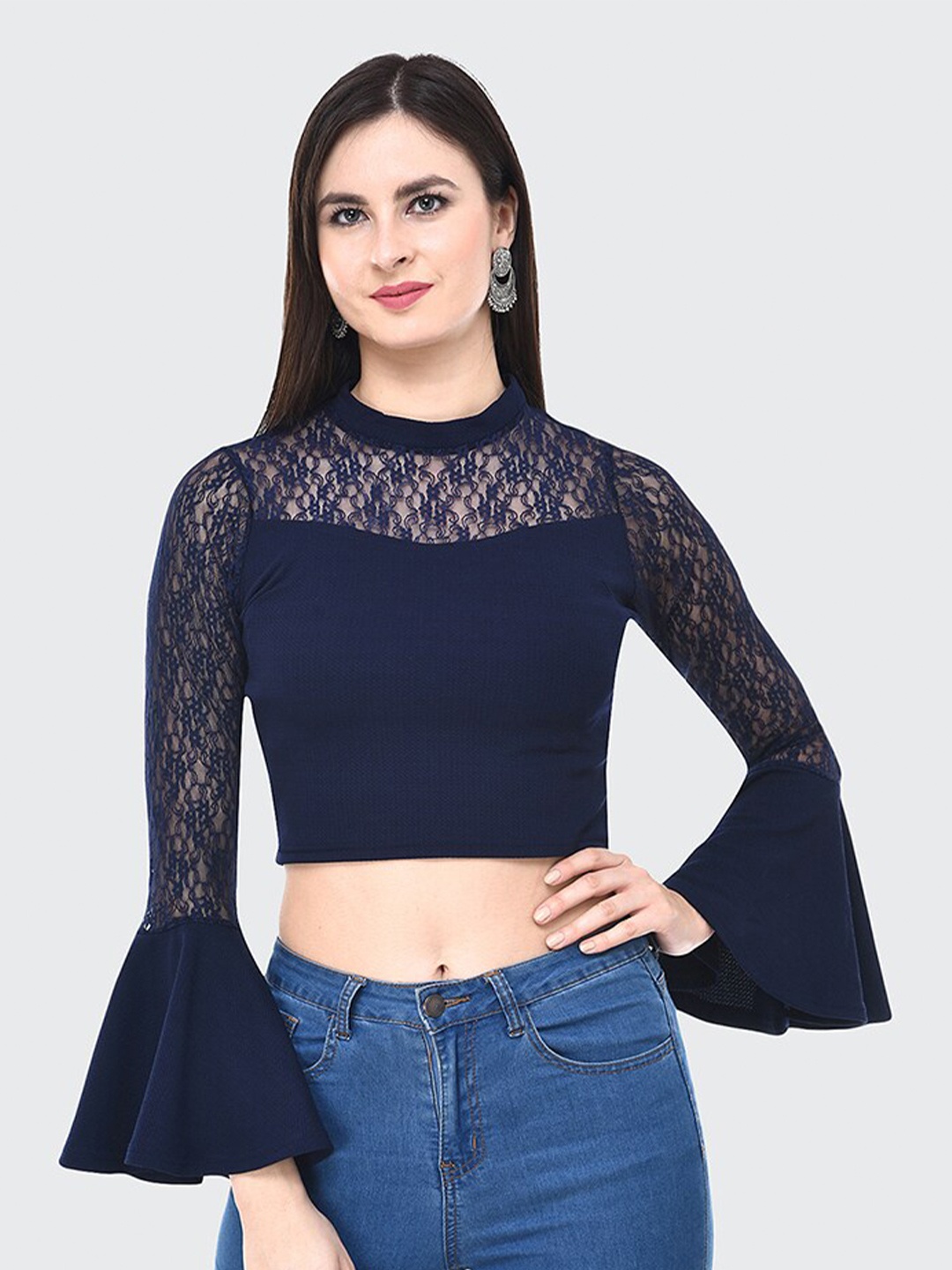 

BUY NEW TREND High Neck Laced Crop Top, Navy blue