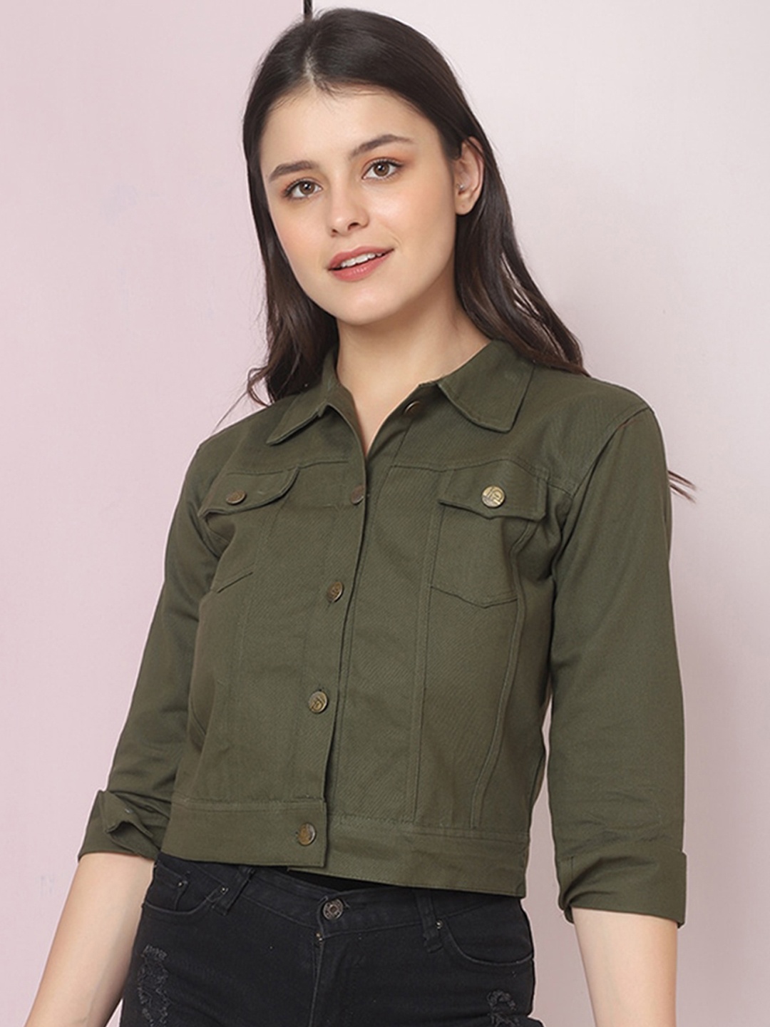 

BUY NEW TREND Women Lightweight Crop Denim Jacket, Green