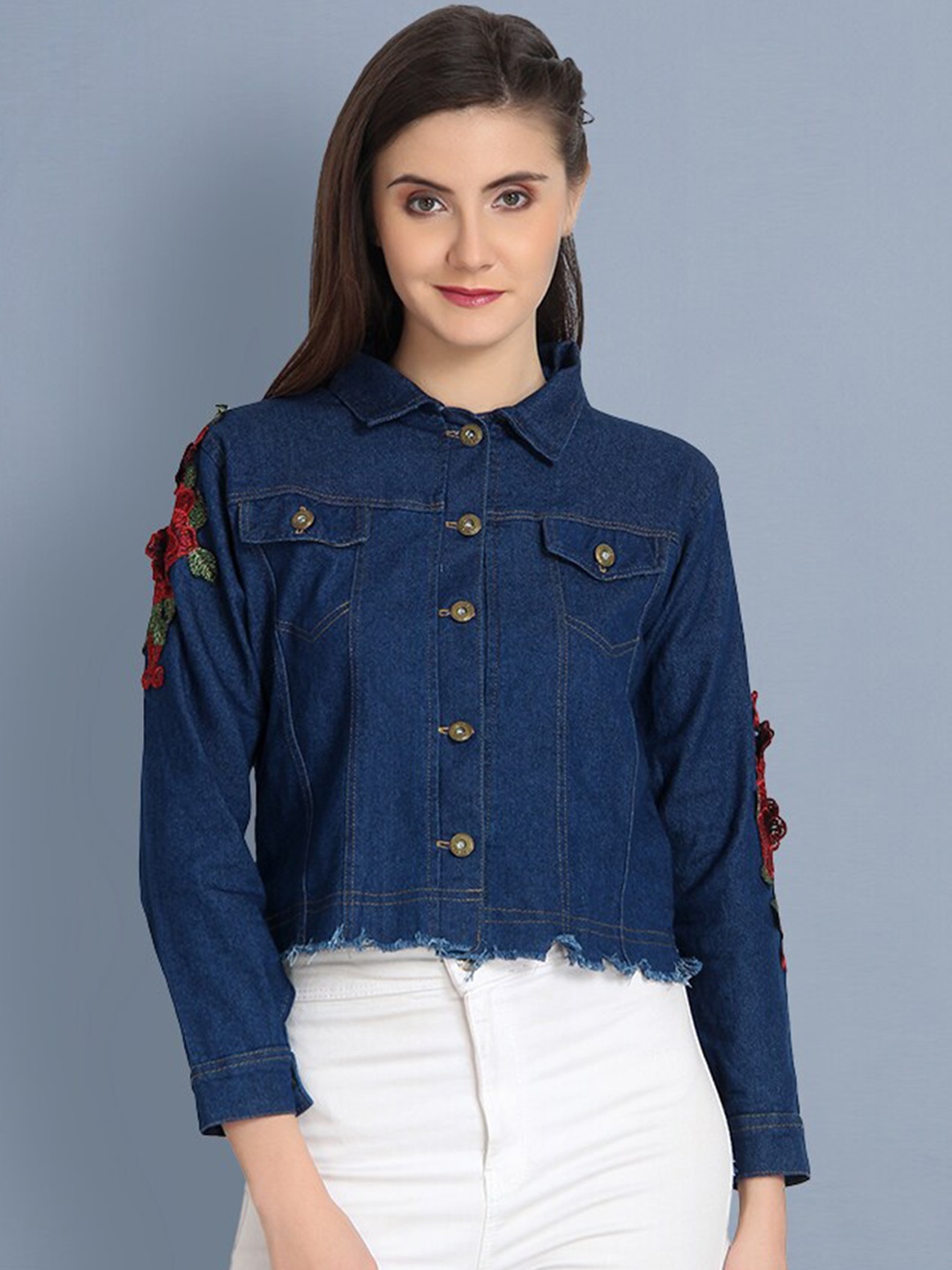 

BUY NEW TREND Women Cotton Lightweight Embroidered Tailored Crop Jacket, Blue