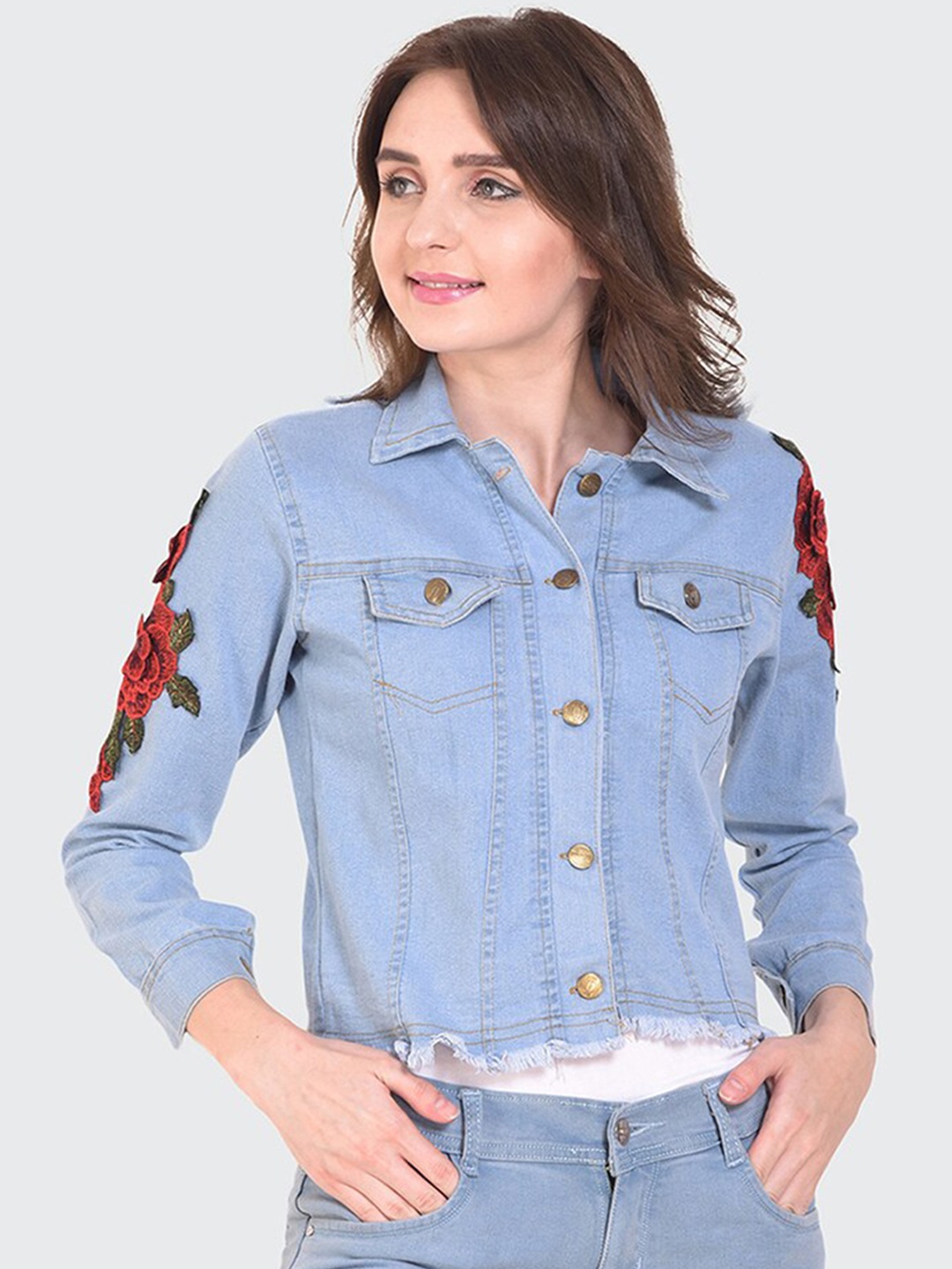 

BUY NEW TREND Women Floral Lightweight Denim Jacket with Patchwork, Blue